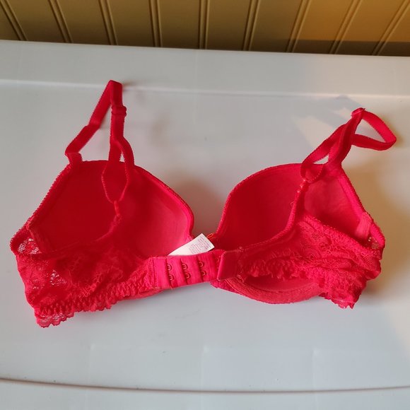Victoria's Secret Dream Angels Coral Red Pink Lined Demi Lace Rhinestone Bra 32C - Picture 3 of 4